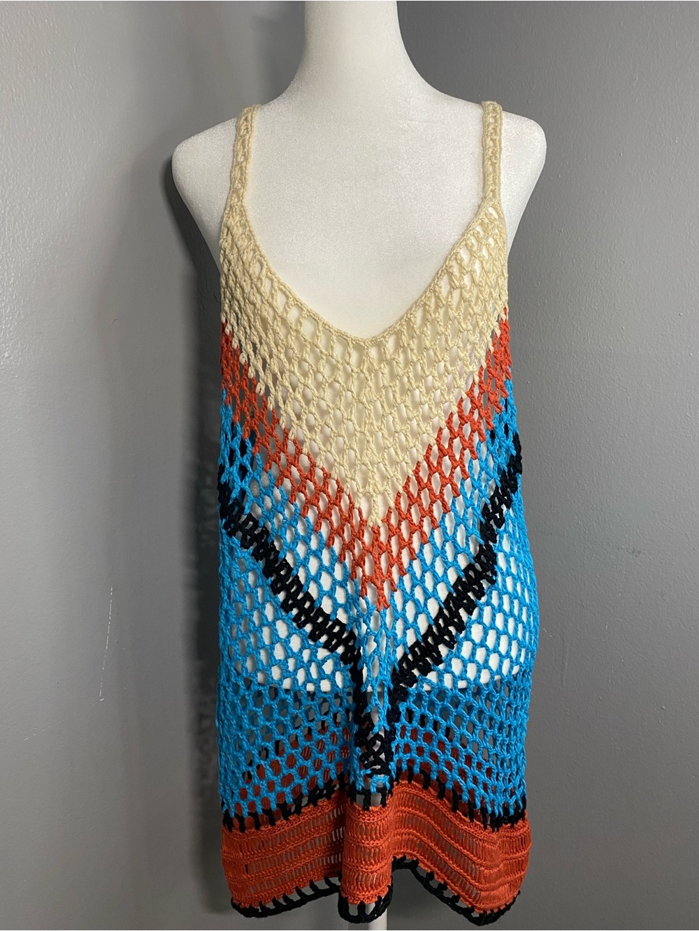 SHEIN Open-Knit V-Neck Swim Cover-Up in Cream, Orange, Blue & Black
